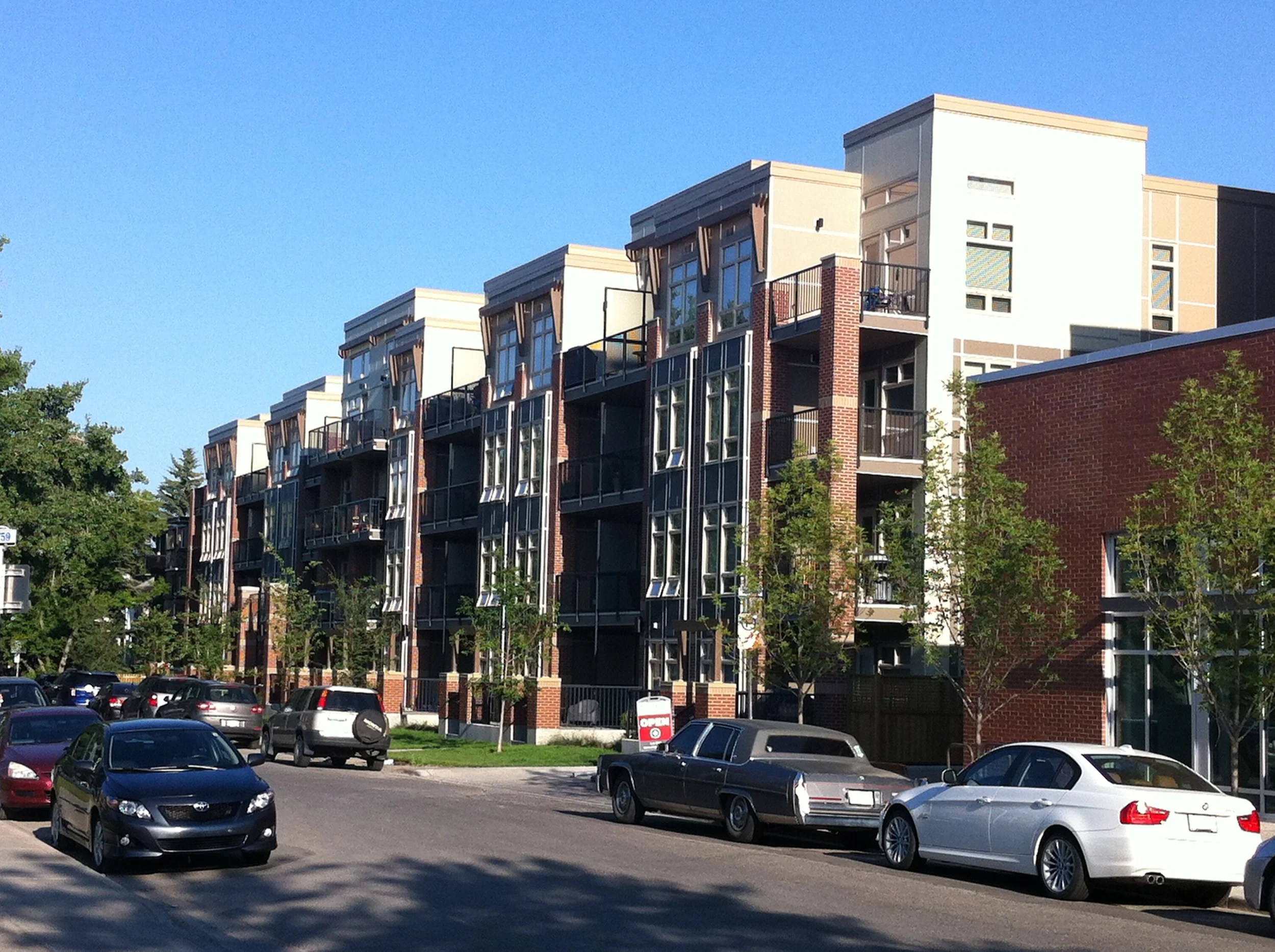 New condos on a side street in Mission on of Calgary's most attractive urban neighbourhoods for both empty nesters and YUPPIES. . 