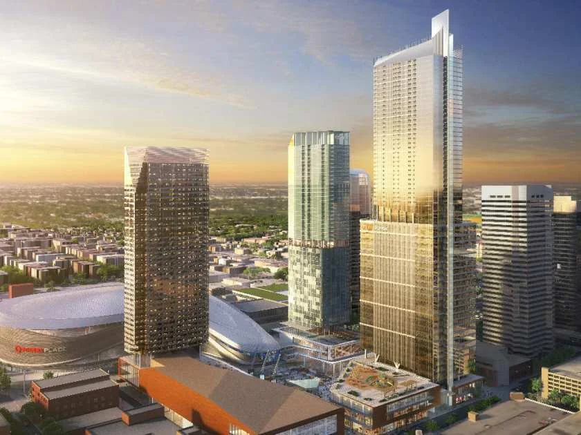 This is a computer rendering of the new Edmonton Ice District with Rogers Place bottom left and Stantec Tower being the tallest building. 