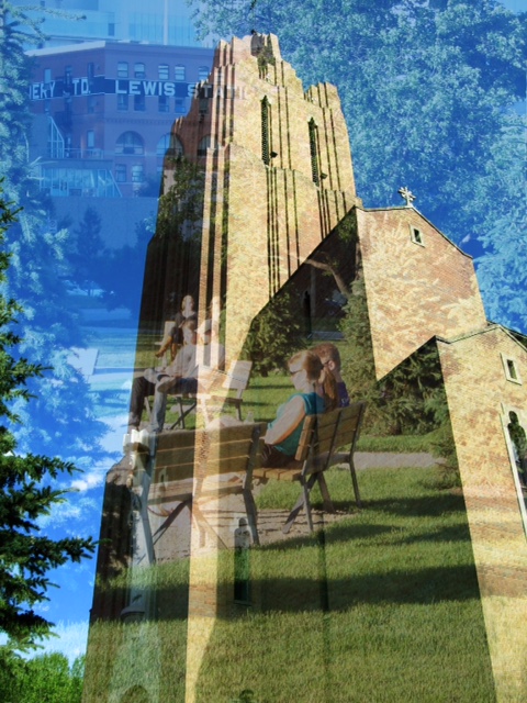 Calgary's St. Mary's Cathedral juxtaposed with couples sitting in the historic Memorial Park just a few blocks away, creates a lovely narrative. 