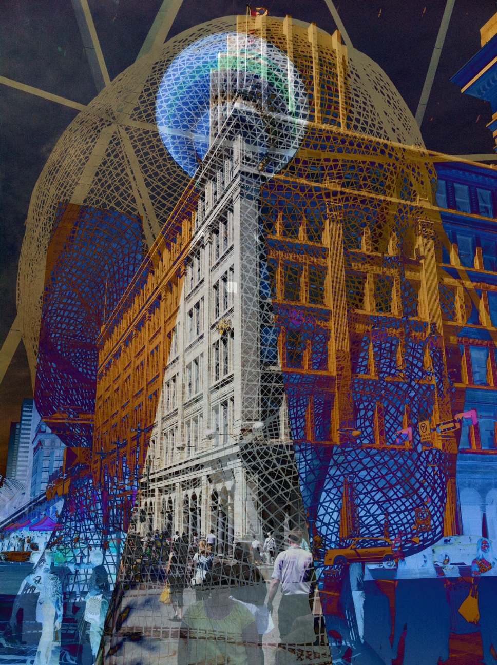 Calgary Tower, Stephen Avenue, the historic Hudson Bay department store and Wonderland all mesh together in this image. 