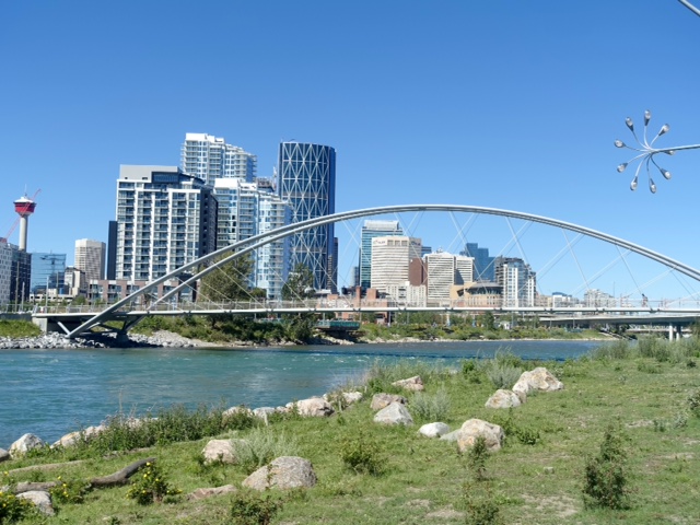 East Village's river's edge and pedestrian bridge. 