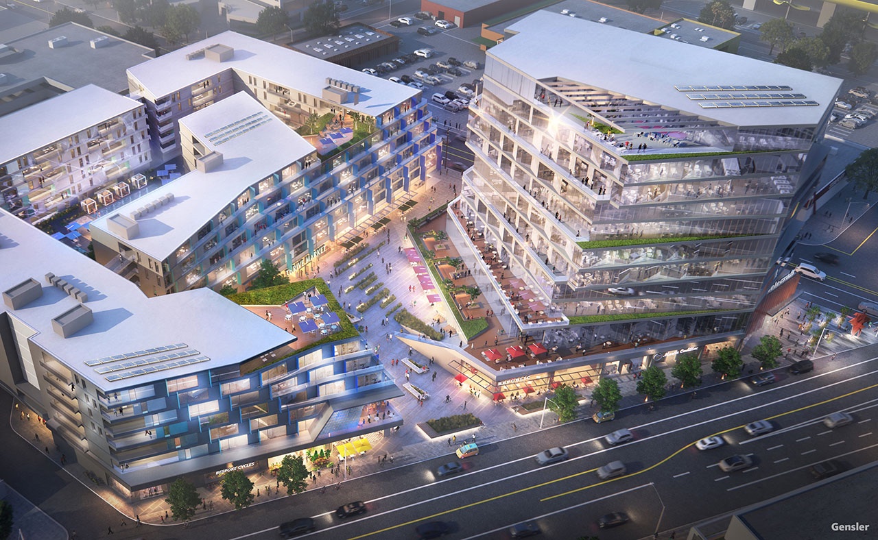 Martin Expo Town Center, in Los Angeles a redevelopment of a car dealership into a mixed-use TOD or transit-oriented development (being developed by the family that has owned the dealership for 40 years). Unlike many TOD developments which are predominately housing or office, this is a genuine mixed-use project with 150,000 sf of office, a 35,000 sf grocery store, 18,000 sf of restaurants, 46,000 sf of general retail, generous public plazas, and 516 units of housing, 20% of which are affordable units (below market-rate). This is the kind of development Calgary needs around LRT stations.
