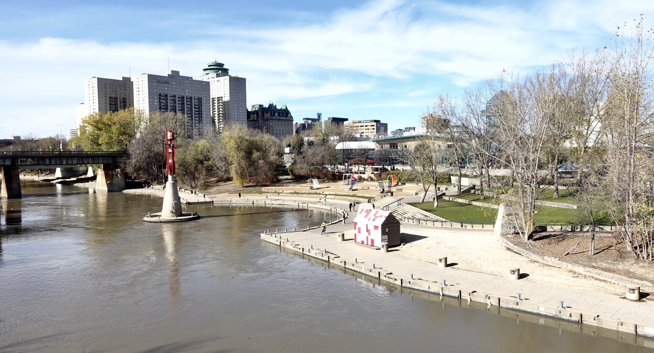 The Fork's river landing and pathway along the Assiniboine River just before it flows into the Red River. 