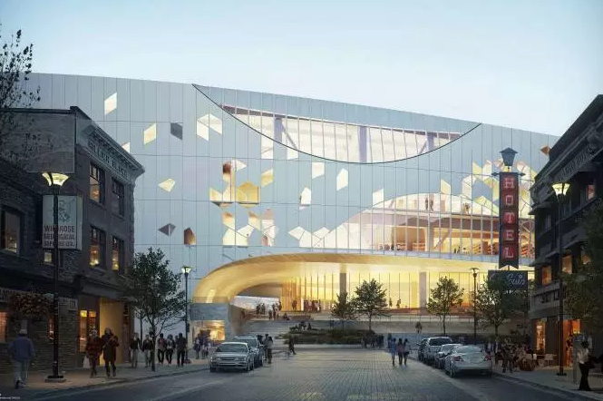 Computer rendering of the Caglary's new Central Library looking west from East Village.