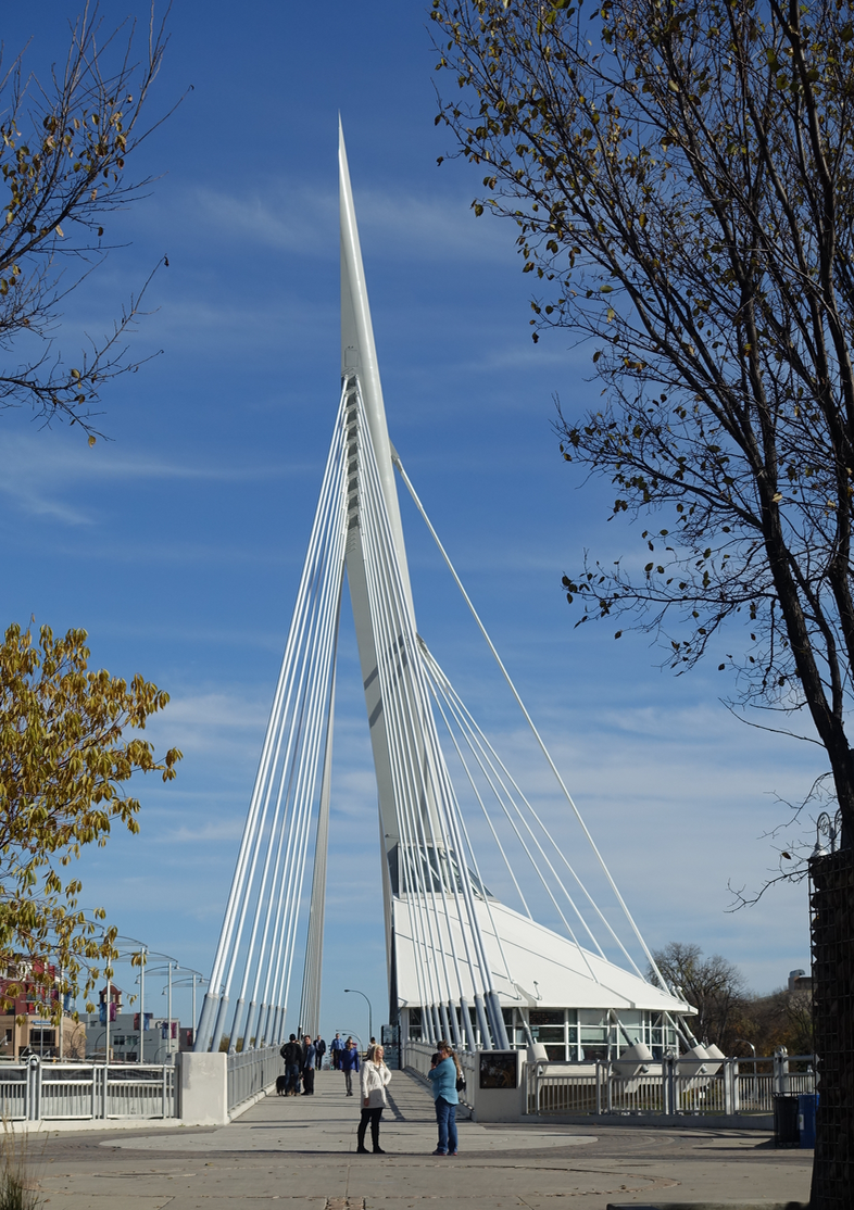 Esplande Riel bridge links The Forks with Winnipeg's historic french community of St. Bonaface with its St. Boniface Cathedral historical site. 