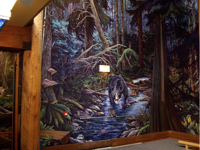Rain Forest, one of four linked walls about 20ft by 70 ft in total at Kwisitis Visitor Centre, Pacific Rim National Park Reserve BC. 