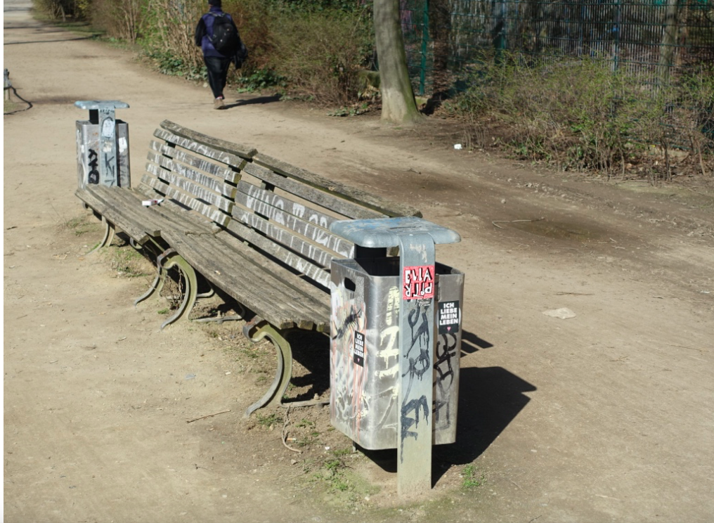 It is not uncommon to see benches and garbage cans like this along Kreuzberg's pathways and in their parks and playgrounds.