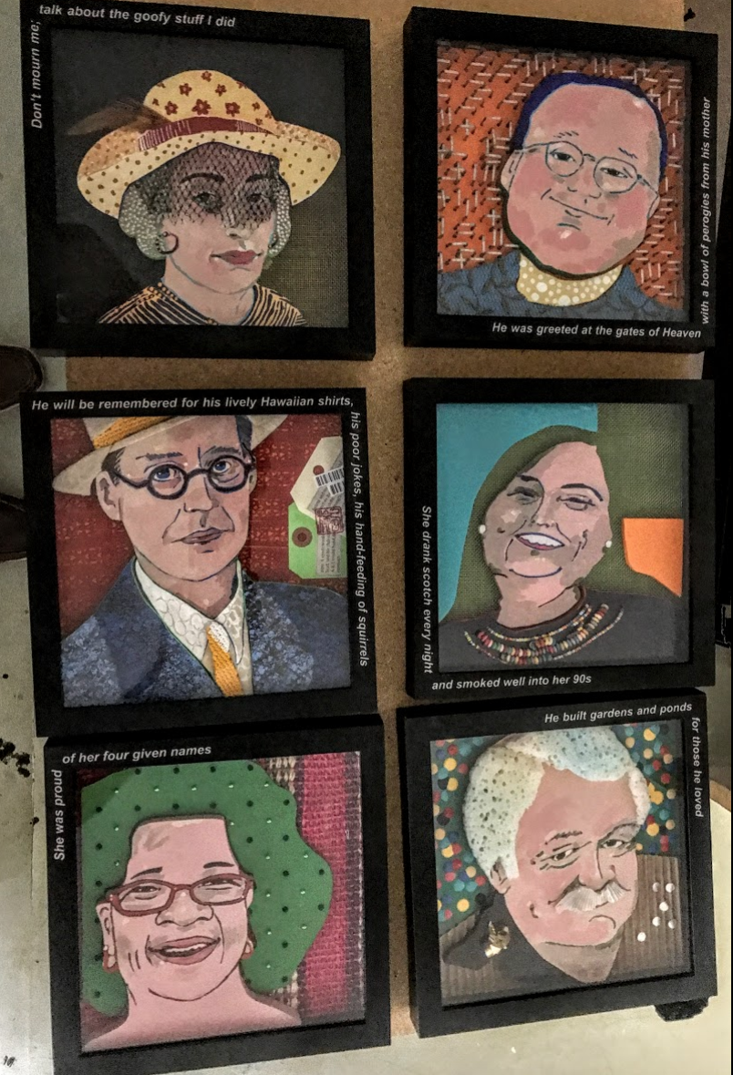 Gossen's new art is inspired from obituaries. When she reads an interesting obituary she creates her own quirky caricature of the individual along with incorporating a sentence from the obituary on the frame. 