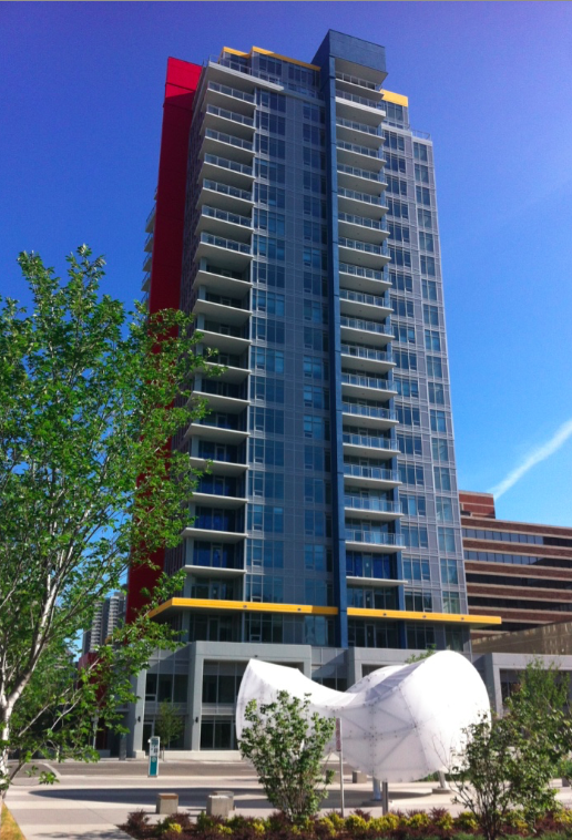 A good example of Calgary's improved urban design can be found in the Beltline with Barb Scott Park (12th Ave and 9th St SW), designed by Calgary's Scatliff+Miller+Murray landscape architects. The park includes Chinook Arch ($370,000) a public artwork by Joe O'Connell and Blessing Hancock from Tucson, AZ. Kudos should go to the Beltline community who spear headed the development of this park (cost $3 million). Across the street are two colourful modern apartments designed by NORR's Calgary office, and are good examples of the enhance urban design of residential towers in Calgary today. 