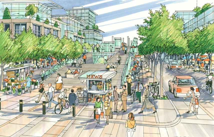 The West Village plan calls for several plaza and pedestrian oriented streets. 