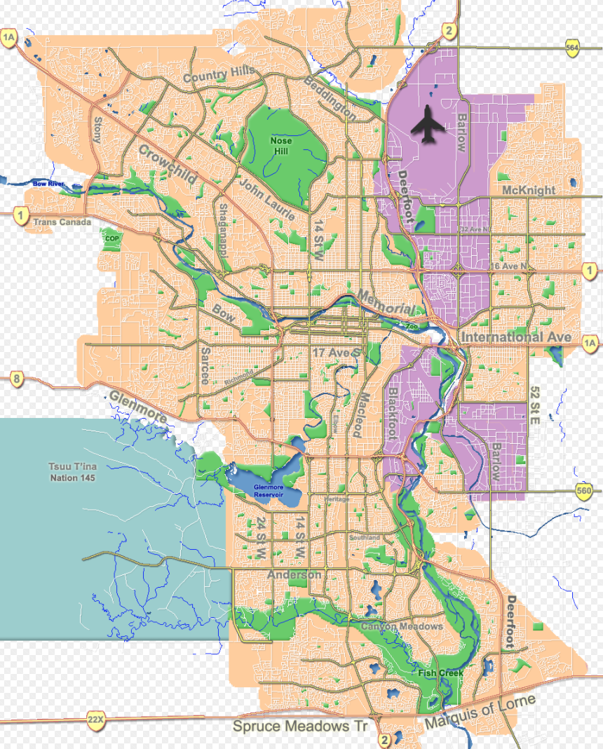 This illustration clearly documents Calgary's three large industrial areas. The Blackfoot area is the oldest and was east of Macleod Trail which served as the divide in the mid 20th century. However, in the late 20th century Deerfoot Trail became the dividing line with the development of NW aka Airport industrial lands and SE industrial area. 