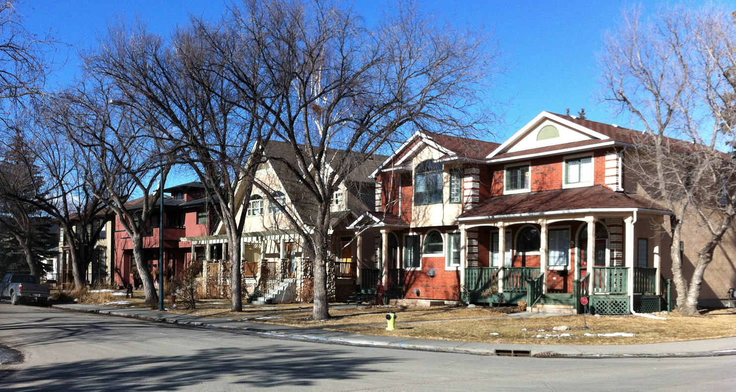 This street in Parkdale is on the block immediately west of the one above. It is lined with new infills that illustrate the diversity of infill designs that can be found in Calgary.