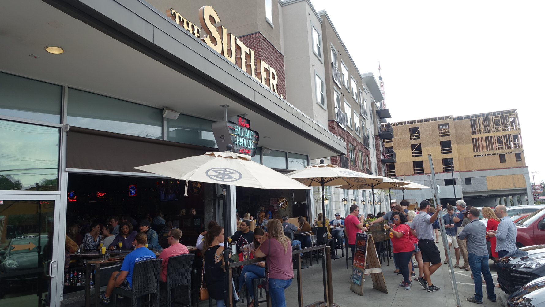 The Sutler is part of a cluster of restaurants that a buzzing on weekends at brunch. It is part of an emerging vintage/antique district along 8th Ave South. Several new low-rise condos have recently been built or are under construction along 8th Ave South. 