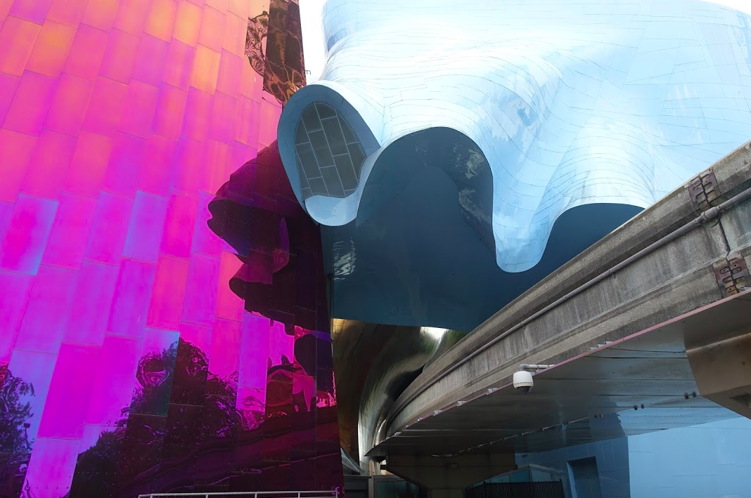 The facade of Seattle's Museum of Pop Culture is an ever changing work of abstract art. 