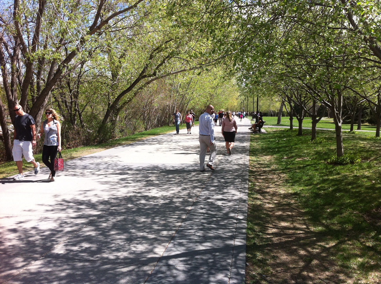 It doesn't get any nicer than strolling along the Eau Claire Promenade which is part of the Bow River Pathway that extends on both side of the river from one end of downtown to the other . 