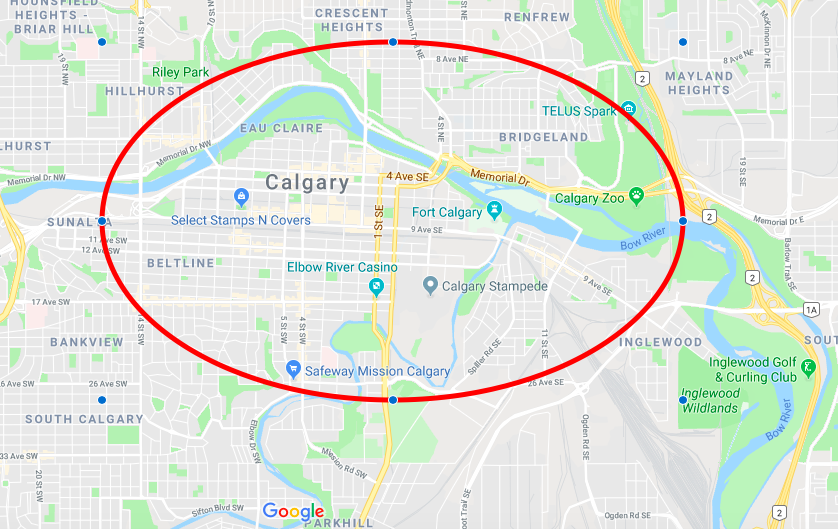 The area inside the red oval is what I approximate to be Calgary's City Centre. 