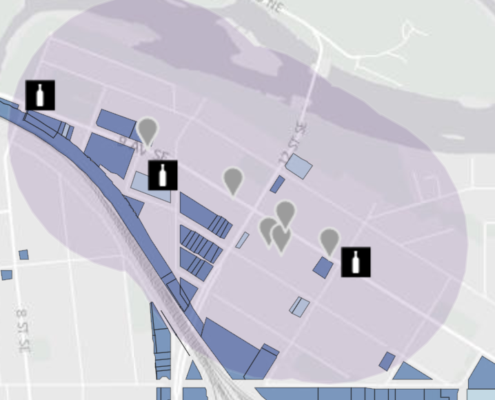 Ingleweed will get a new look this summer when several "pot shops" open up along 9th Avenue SE. The grey balloons indicate sites with pending applications. Bottles indicate liquor stores and flags schools. (source: City of Calgary website)