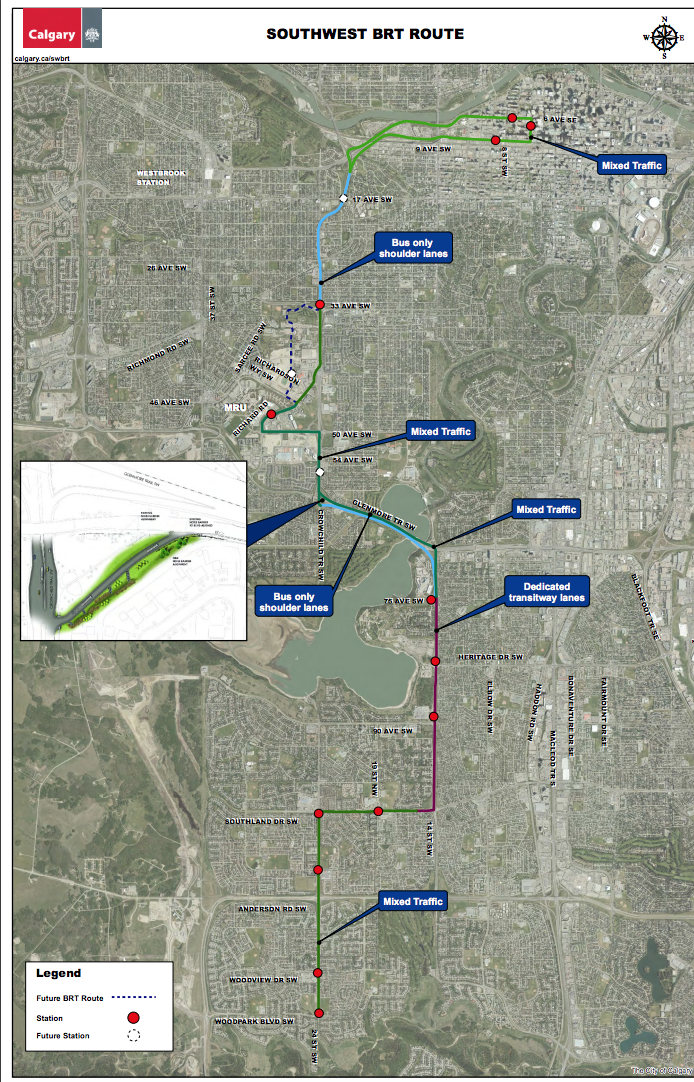 SW BRT route. The dedicated transitway (red) is the controversial section. (photo credit: City of Calgary)