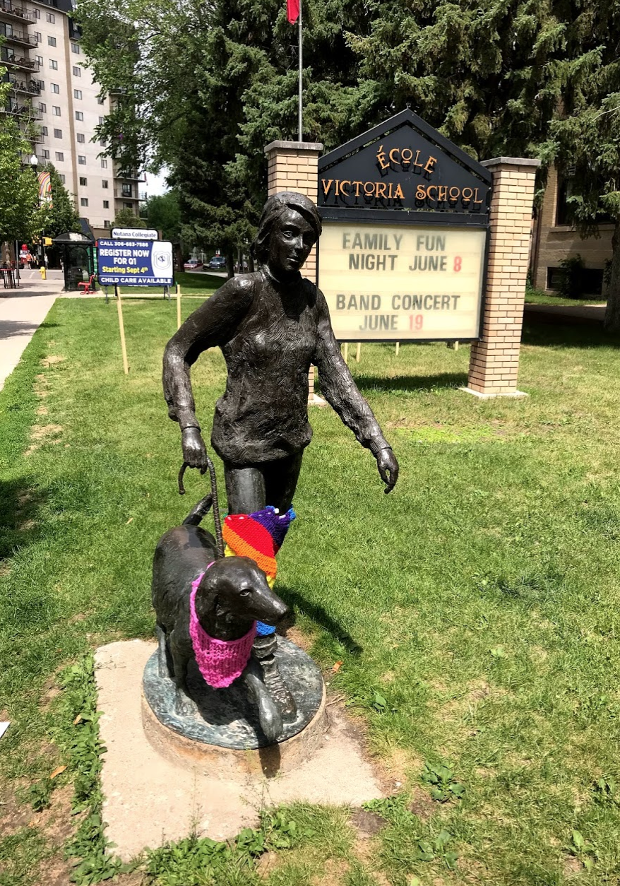 I understand it is common practice to dress-up sculptures in Saskatoon. This one was dressed up for the Pride Parade. 