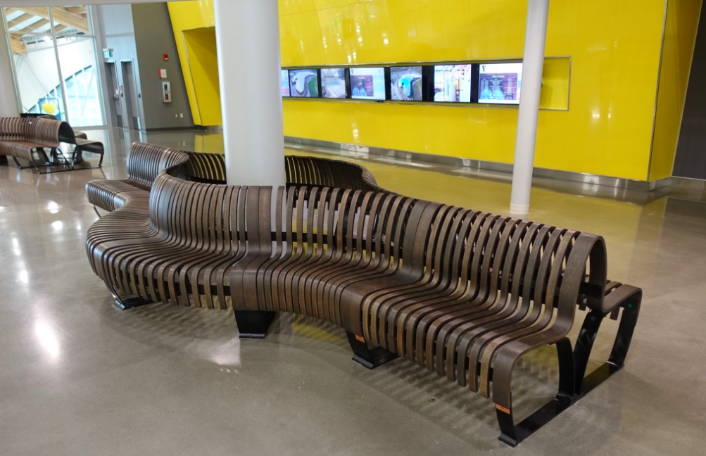 I love how these benches echo the colour and shape of the exterior. 