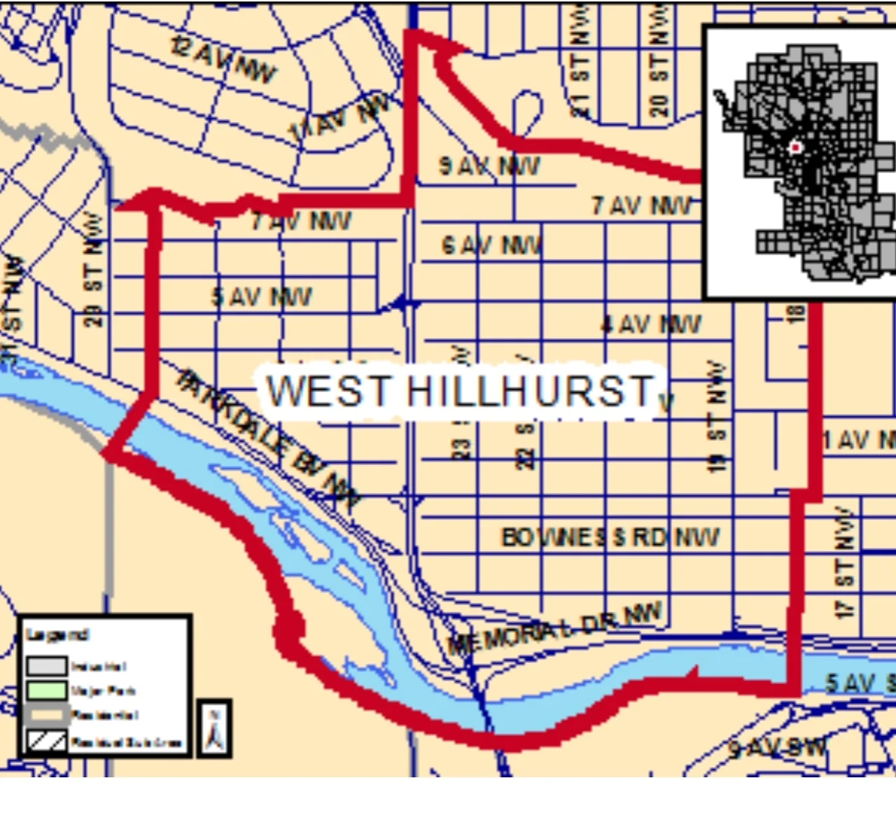 West Hillhurst has strange boundaries. It would seem more logical for the boundary to extend to 29th St on the west and 14th Street on the east? Note the south boundary includes the southern shore of the Bow River, which means we have some great beaches and pathways. 