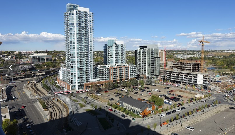 Calgary's massive East Village redevelopment next to the Bow River.