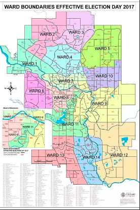 Calgary's Ward system corresponds nicely with Jane Jacob's suggestions that a city should be divided into districts of about 50,000 to 100,000 people.