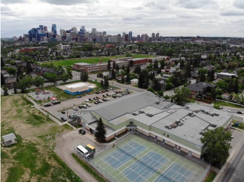 The recreation centre and park in the foreground is in West Hillhurst, while the Queen Elizabeth School and fields across the street is in Hillhurst. Does this matter? (photo credit: Ross Aitken Re/Max Real Estate Central)