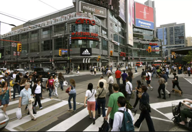 Today more and more Canadian cities have scramble intersections for pedestrians like this one in Toronto.