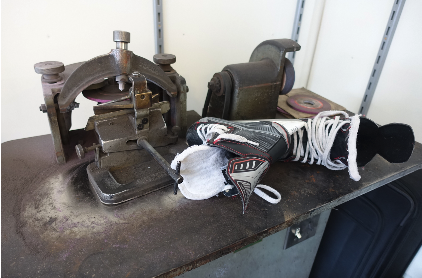 Vintage skate sharpening machine at Quinpool Shoe Repair is very cool.