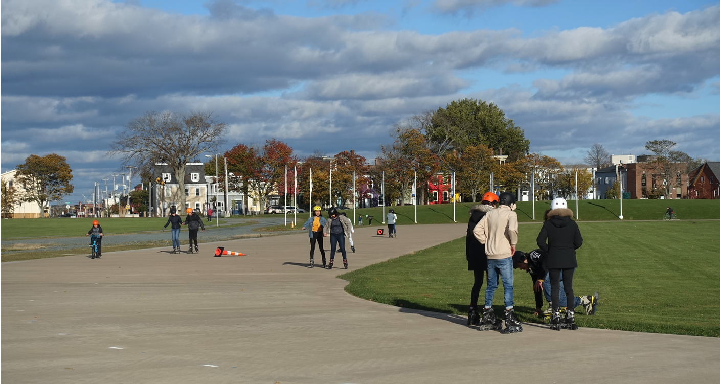 The Halifax Commons is a huge park that has playing fields, a skateboard park and the Emera Oval that in is an ice skating oval in the winter and a roller blading, cycling oval in the summer. It even has FREE rentals for tourists who want to give it a try. The Caglary equivalent would be Shaw Millennium Park.