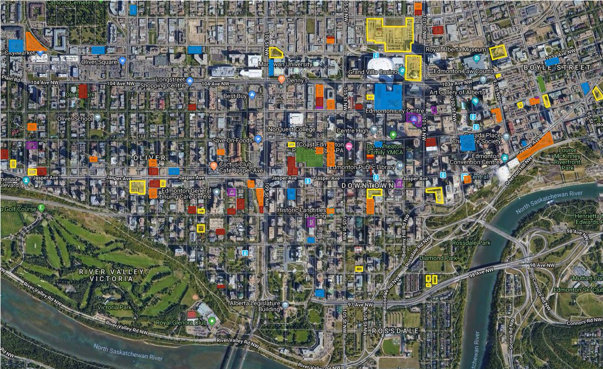 Summary of developments in Edmonton’s City Centre. orange is proposed surface lot, yellow is upcoming, blue is under construction and green is park & public spaces, red is proposed building demolished.