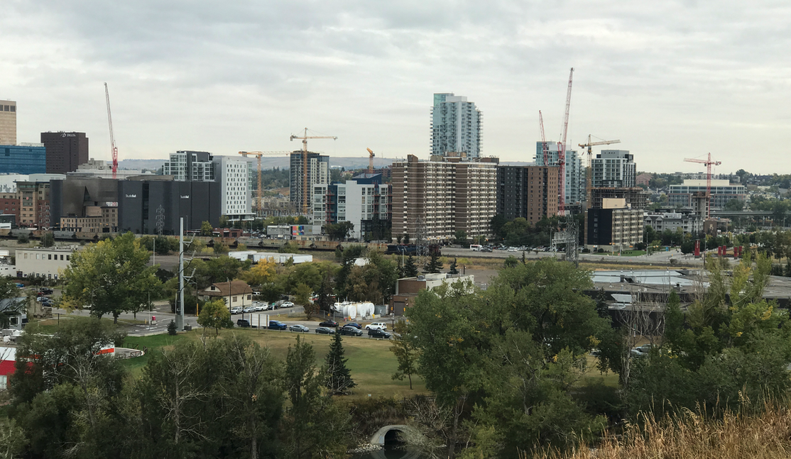 Construction cranes in Calgary’s East Village, September 2017. Does this look like a downtown in decline?