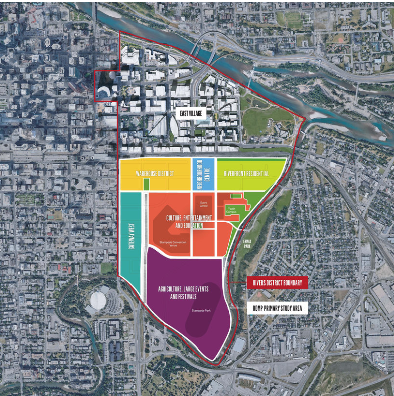 The new Victoria Park / Stampede Park Master Plan establishes seven districts with the Culture, Entertainment and Education District in the middle. The words “culture and education” have been dropped in most conversations. It is a new “Entertainment District.” It is essentially a new arena (event centre) and expanded BMO Centre with a Main Street along Olympic Way from 10th to 17th Ave SW).