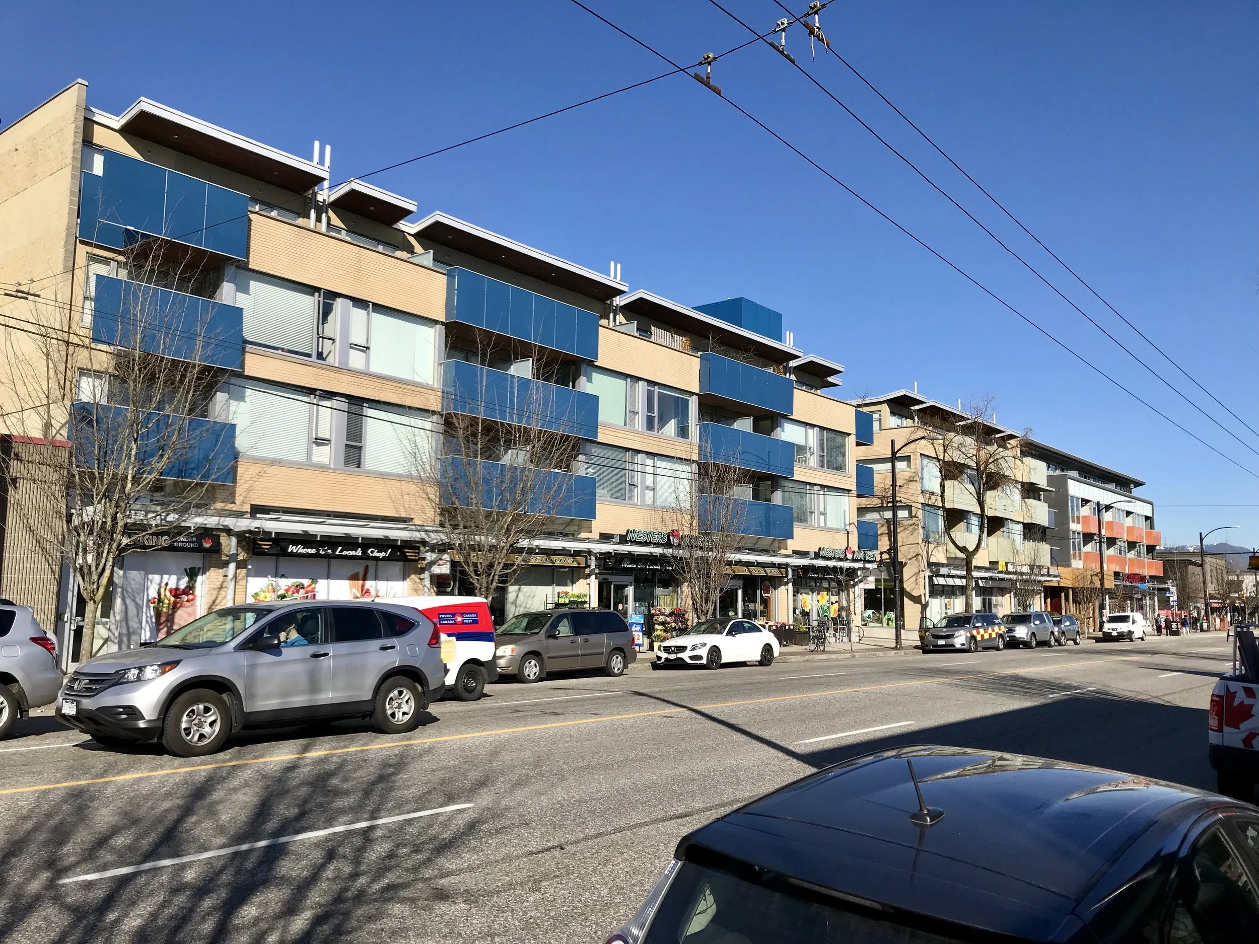 One of the few blocks with residential above the shops.