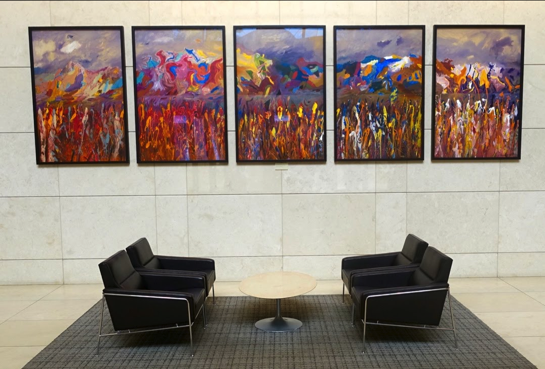 Jack Shadbolt painting in the lobby of Eighth Avenue Place office tower is a great place to sit. There is a coffee shop right there.