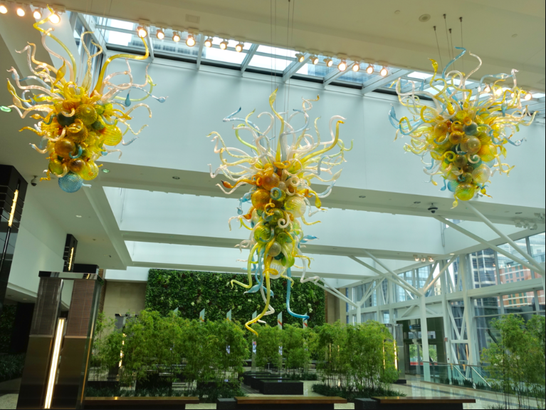 Jamieson Place’s winter garden with three David Chihuly glass sculpture, infinity ponds and living wall.