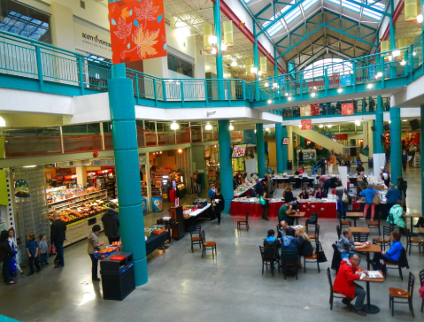 Eau Claire Market is a small two storey building with a dozen so food, restaurant, coffee and retail vendors on the main floor.. The second floor has a cinema complex and offices.