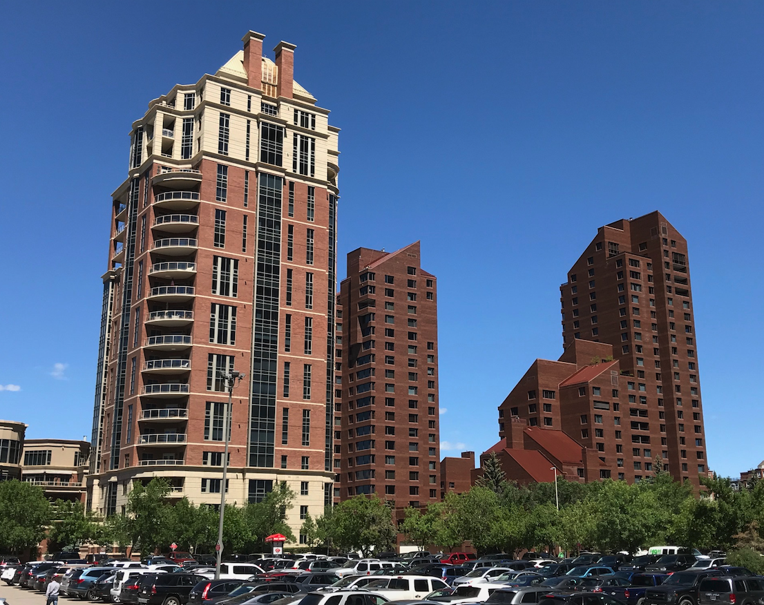 Princeton (left, opened in early ‘00s)) and Eau Claire 500 (right, opened in 1981) was the beginning of the redevelopment of Calgary’s Eau Claire community from small cottage homes into an urban village. The redevelopment is still not complete almost 40 years later. There are still large surface parking lots dominating the landscape.