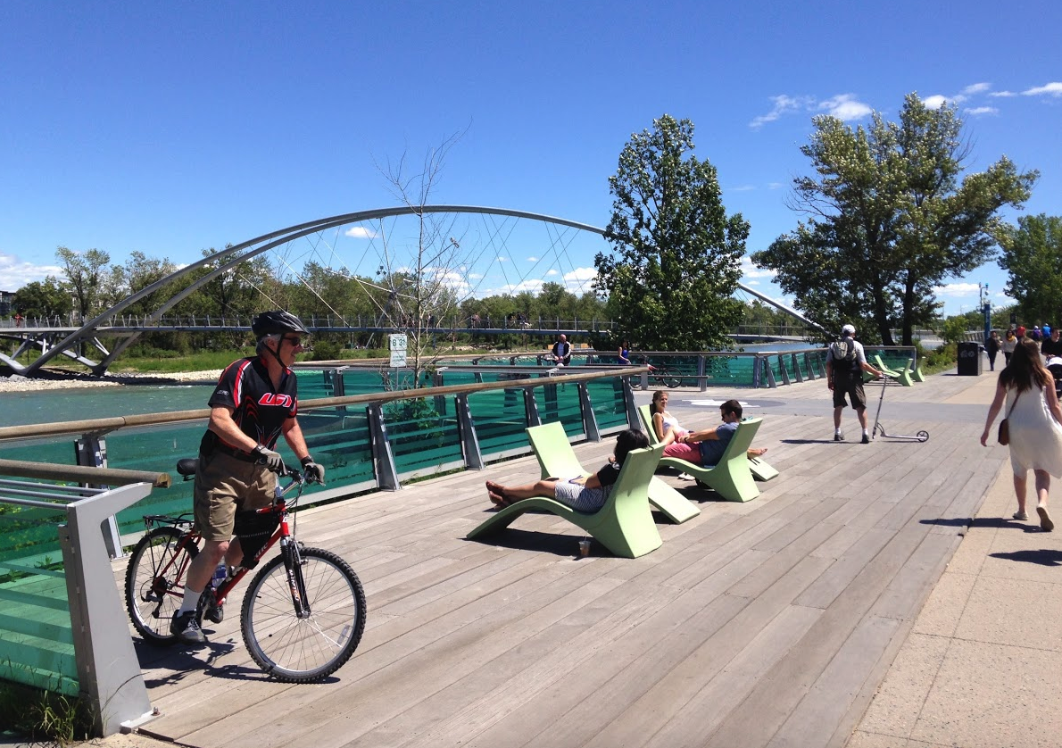 East Village’s RiverWalk is an upscale multi-use pathway with high-end materials and furnishings like these lounge chairs.