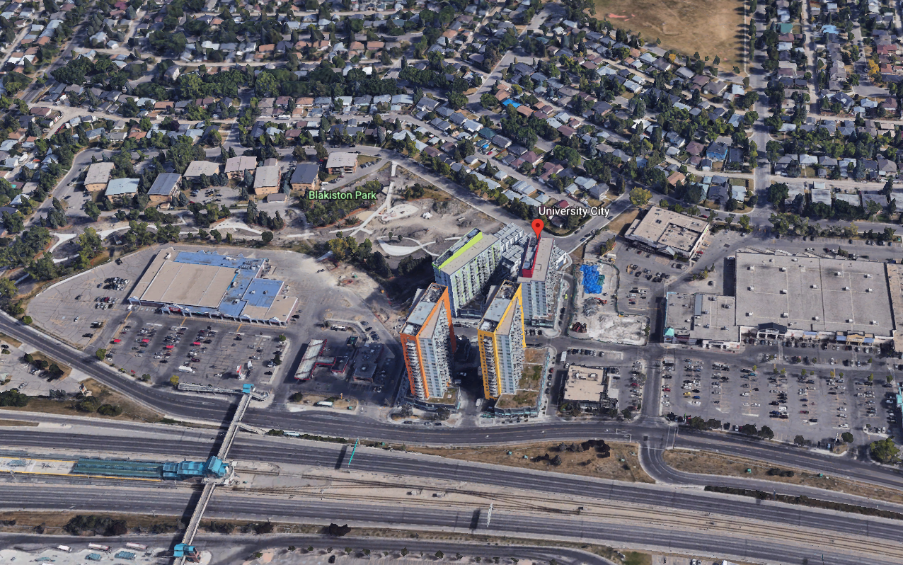 Google Earth image of University City condos next to Brentwood Mall and Coop grocery store with Brentwood LRT station in the bottom left hand corner.