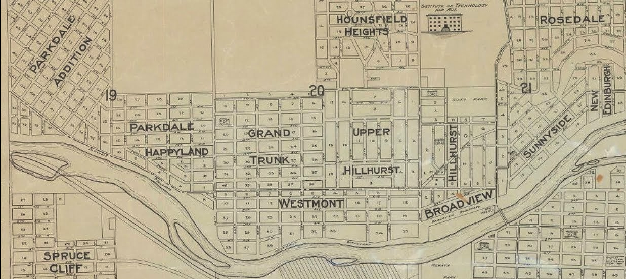 Early 20th Century maps included names like Parkdale, Happyland, Grand Trunk, Westmount and Upper Hillhurst within the boundaries of today’s West Hillhurst.