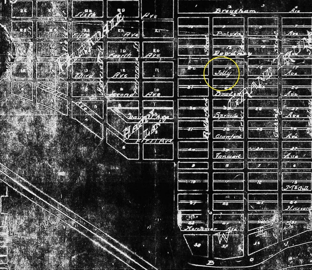 Found this old map online that still has street names instead of numbers Grand Trunk but street numbers for Parkdale and Happyland. Around 1911, street names fell out of favour and the City replaced them with the street numbers and quadrant system we have today.