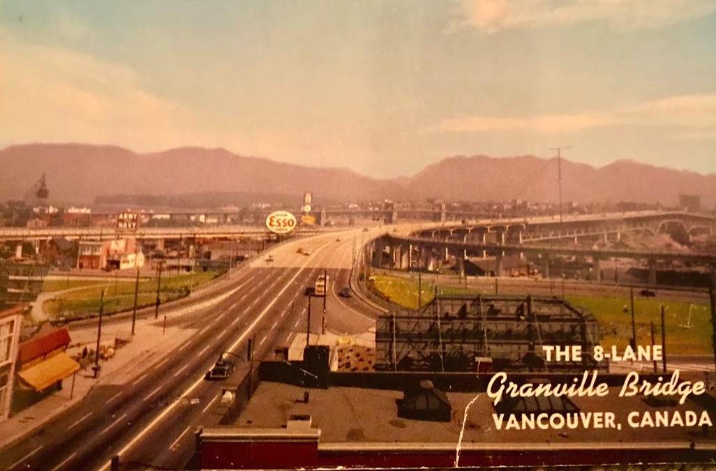 This 8-lane bridge is believed to be the widest bridge on the Continent (103ft) outside of New York. It was completed in 1954 at a cost of $12,000,000 exclusive of land purchases. It has a vertical clearance for 90 ft over the navigable channel of False Creek.