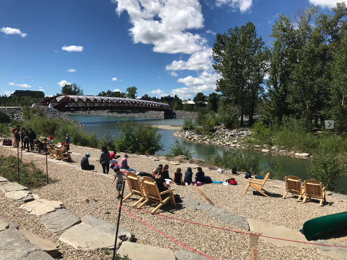 You’ll also find here a new pebble beach with lovely lounge chairs to sit and watch the river flow by. It truly is a special place and a good example of how sophisticated Calgary’s urban design has become in the 21st century. The beach offers the perfect view of the Peace Bridge.