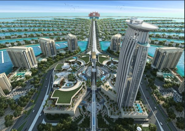 Aerial view of The Palm development with high-rise, shopping, office buildings and Atlantis hotel.