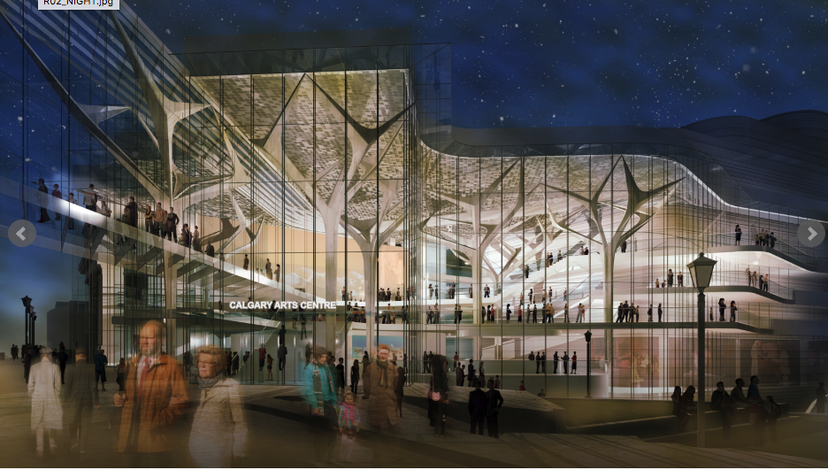 Conceptual rendering of redevelopment of Arts Commons into a more transparent people oriented place. Interesting to note the integration of white tree like structures similar to what is on the Bankers Hall/Core block of Stephen Avenue Walk. (photo credit: Arts Commons website)
