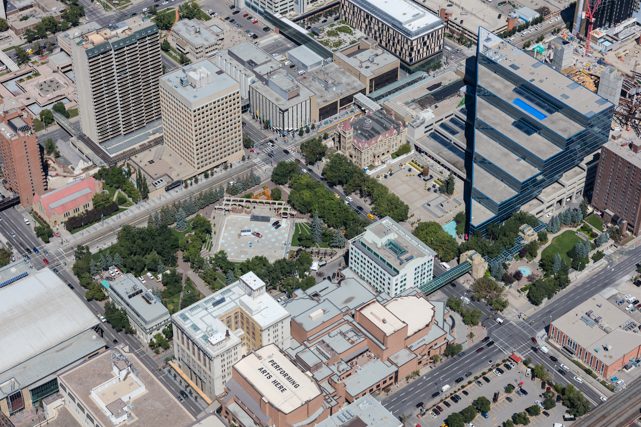 Today’s Calgary’s Civic Centre aka Olympic Plaza District is home to our historic old city hall, new municipal building, Arts Commons (five performing arts spaces 3,200 seats), restored historic Burns Building for offices, Olympic Plaza, restored Calgary Public Building (Jack Singer Concert Hall), Glenbow Museum, Calgary Telus Conventions Centre. (photo credit, Peak Aerials).