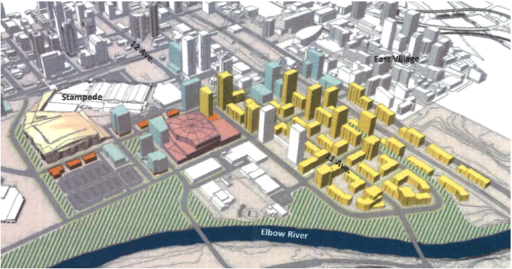 The Rivers District plan includes a massive amount of residential development (yellow) in addition to the new arena and expanded BMO centre.