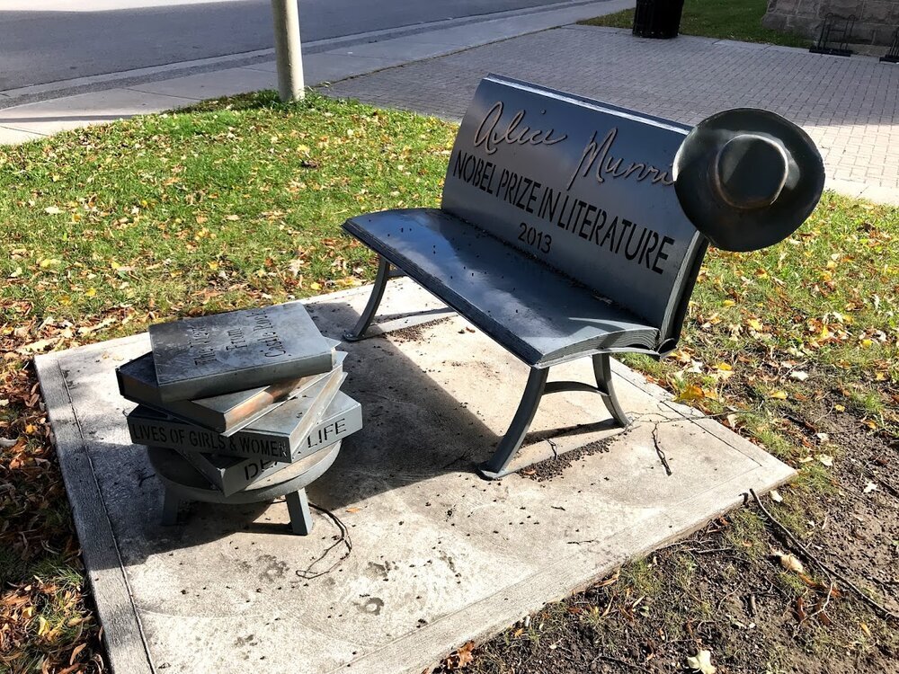 Clinton was home to Alice Munro. This fun memorial is appropriately in front of the library.